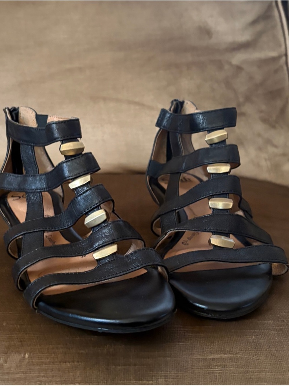 Sofft Black Strappy Sandals with Gold Accents